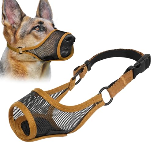 LUCKYPAW Dog Muzzle, Mesh Muzzle for Large Medium Small Dogs, Soft Mouth Guard for Biting Chewing, Breathable Mouth Guard with Adjustable Strap for Training(Brown, XS(Snout:6.5