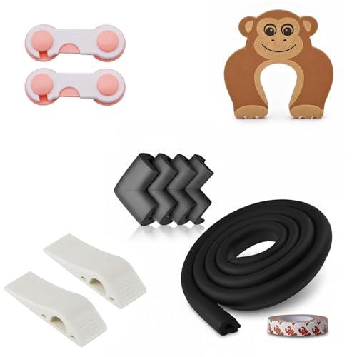 Image of Safe-O-Kid Complete Baby Safety Combo Kit | 2 Smiley-End Safety Locks, 1 Monkey-Shaped Door Stopper, 2 TPR Door Stoppers, 4 Corner Protectors & 2M Edge Guard Tape | Child Safety for Home - Assorted