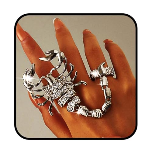 Yalice Goth Scorpion Full Finger Ring Bracelets Sparkle Rhinestone Double Knuckle Ring Harness Cool Punk Hand Ring Adjustable Rock Crystal Large Big Rings Jewelry for Women Gift Halloween (Silver)