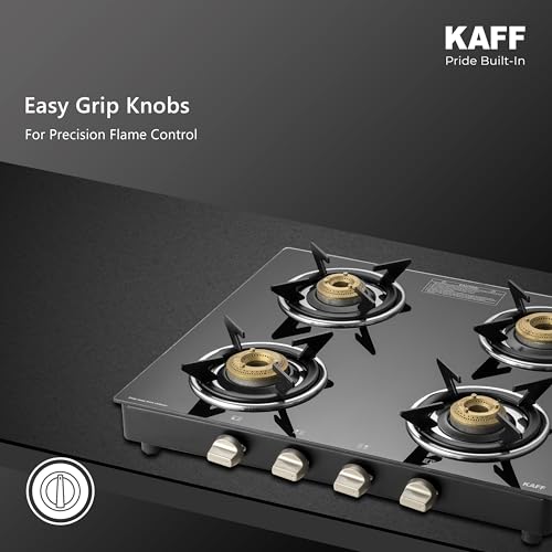 Image of KAFF CTC 63 4B Gas Stove /Cooktop 4 Burners with Manual Ignition 63 CM, High Efficiency Brass Burners, Black Tempered Glass, Enamelled Pan Support (Black)