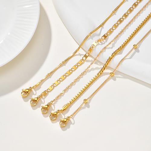Image of KSF Gold Anklets for Women Waterproof - 18k Gold Plated Ankle Bracelets for Women, 5PCS Anklet Set Cuban Herringbone Figaro Link Chain Anklets for Women Summer Beach Jewelry Gift Adjustable Size
