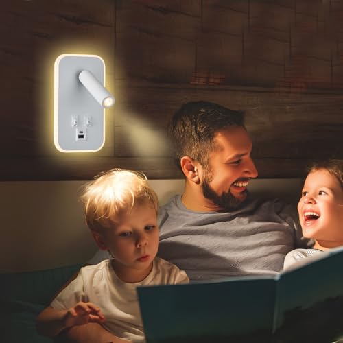 Image of Headboard Reading Light, Bedside Lamp Plug in Hardwired 2 in 1 Wall Lamp, Bedside Lamps USB C+A Ports, Adjustable Headboard Lights for Bedroom with 10W+3W Wall Mounted Reading 3000K (White)