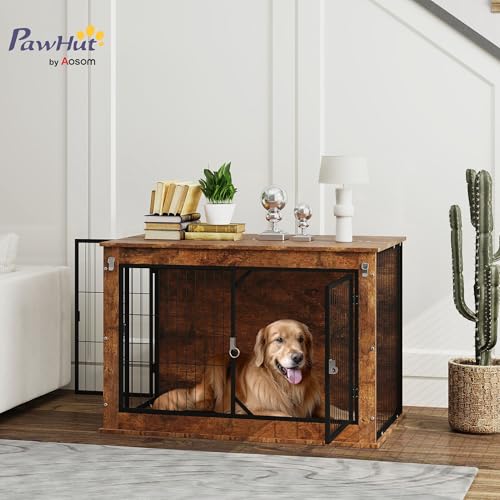 PawHut Hundekäfig Möbel, Hundebox für Zuhause, für große Hunde unter 30 kg, Hundehaus mit 2 verschließbaren Türen, Stahl, 98 x 60 x 65,5 cm, Rustikales Braun