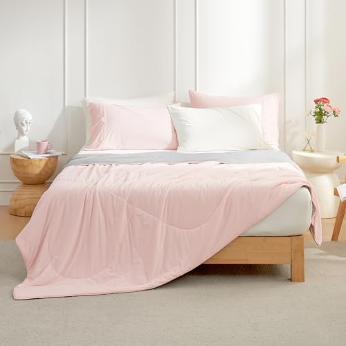 Cozy Bliss Cooling Comforter King Size, Cooling Blankets for Hot Sleepers and Night Sweats,Pink Gray Summer Comforter for King Size Bed, Breathable Soft Lightweight Silk Smooth