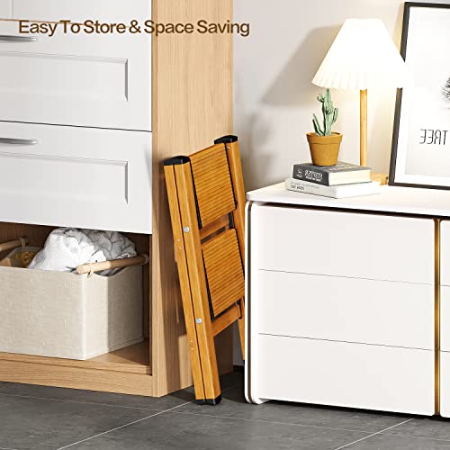 GameGem 2 Step Ladder, Aluminum Folding Step Stool with Anti-Slip Sturdy and Wide Pedal, Lightweight Portable Multi-Use Stepladder for Home and Kitchen Use Space Saving, Woodgrain, 330 lbs - Image 7