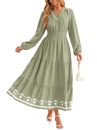 Simplee Womens Long Sleeve Fall Long Dress Swiss Dot Maxi Wedding Guset Dress Boho V Neck Casual Dress with Pockets