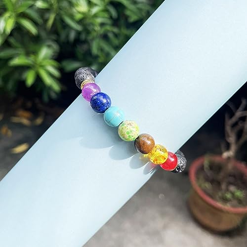 Clataly Colorful Energy Bracelet 8 mm Natural Volcano Stone Tiger Eye Stone Blue Pine Stone Elastic Bracelets for Women and Men (Volcanic rocks) - Image 3