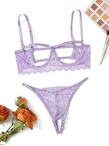 SweatyRocks Ladies's 2 Piece Lingerie Set Sheer Lace Underwire Bralette Bra and Shorts 6 41fyi3hpO L. AC