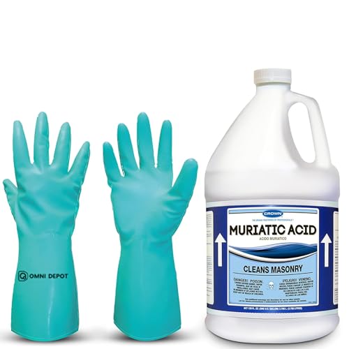 Muriatic Acid for Swimming Pools - Lower pH for Swimming Pools - Crown Muriatic Acid 1 Gal - Concrete Rust Remover - Hydrochloric Acid for Rust Scale & Stains - Available with Omni Depot Gloves