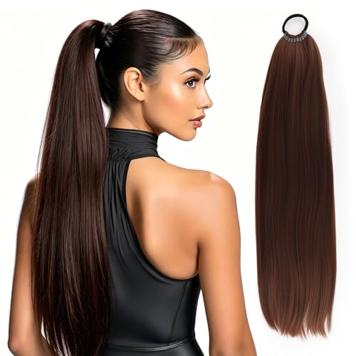 Ponytail Extension Verlängerung Pferdeschwanz Haarteil 60cm Lang Glattes Zopf Extensions Haarteil Haarverlängerung Zopf mit Kordelzug Hair Extensions für Damen Mädchen (Hellbraun)
