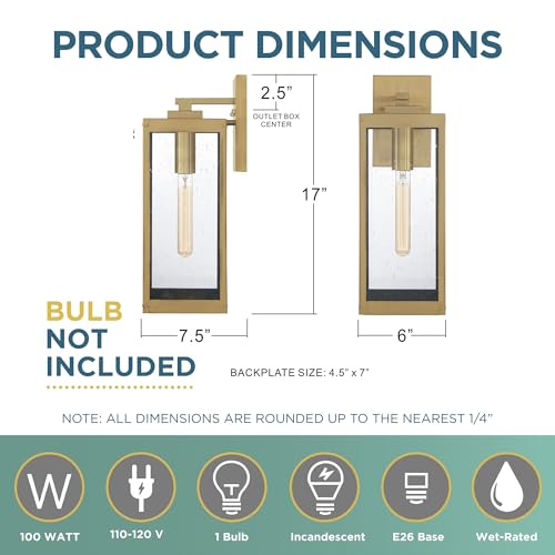 Image of Quoizel Westover 17 inch Outdoor Wall Lantern, Antique Brass | 1-Light Clear Seeded Glass, Outdoor Wall Light, Modern Industrial