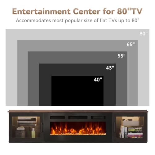 Image of 70 inch Floating TV Stand with Fireplace, High Gloss Finish Wall Mounted Fireplace Entertainment Center with Storage for TVs Up to 80 inch, Black & Brown