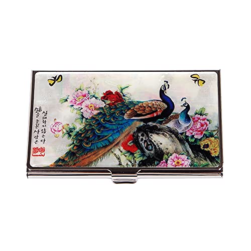 Image of Mother of Pearl Business Card Case Credit Id Name Holder Travel Wallet Art Painting Design Metal Stainless Steel Engraved Slim Purse Pocket Cash Money Wallet (Peacock)