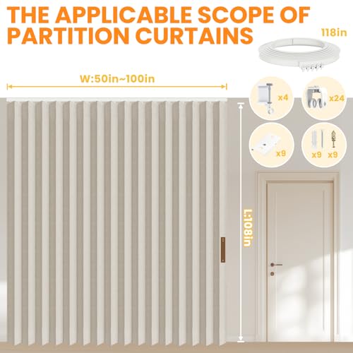Image of Room Divider Curtain Sets with Flexible Ceiling Track, Privacy Soundproof Curtain for Bedroom Office Patio Sliding Door(Cream White, W100 x L108, 1 Pack)