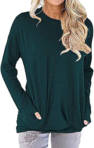 Amstt Pocket Shirts for Women Casual Sweatshirt Loose Fit Tunic Top Baggy Comfy Blouses (Dark Green, L)
