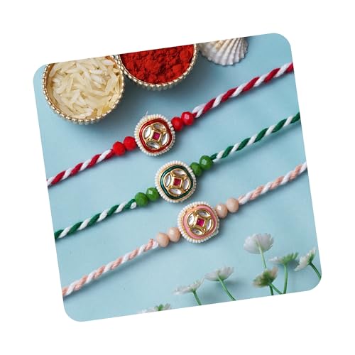 Image of eCraftIndia Multicolor Set of 3 Semi Precious Stone Designer Rakhis with Roli Chawal Pack - Rakhi for Brother