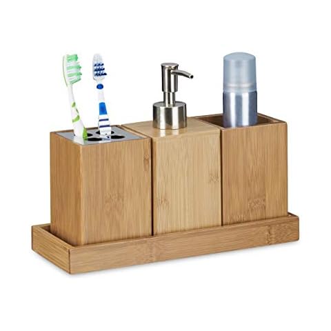 Relaxdays Bad-Accessoires-Set 4-teilig, Bambus, Zahnbürstenhalter, Seifenspender, Seifenablage, Behälter,natur Cover