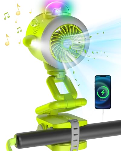 Image of Portable Stroller Baby Fan, 5000mAh Battery Operated Clip Baby Bluetooth 5.1/Colorful LEDs/Flashlight, 5 Speeds 15H Work Time 120° Auto Oscillating Desk Cooling Fan for Car Seat Crib Travel