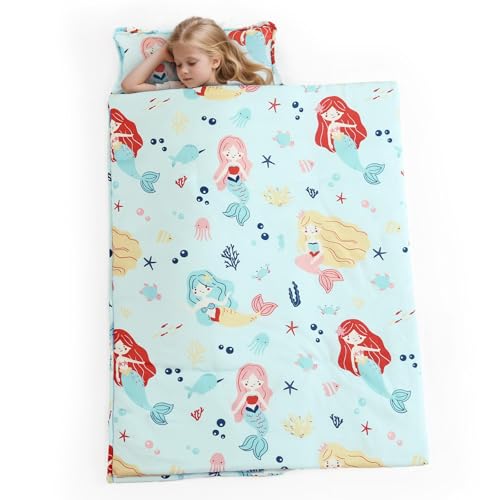 Image of PHF Soft Toddler Nap Mat with Removable Pillow, Rollup Design Kids Sleeping Mat, Slumber Bags for Girls, 50 inchx20 inch Toddler Sleeping Bag for Daycare Preschool Travel Camping, Cute Mermaid