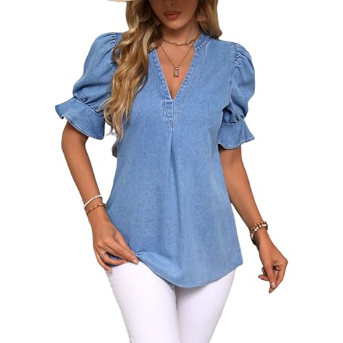 Women's Short Puff Sleeve Ruffle Denim Blouse Notched V Neck Jean Shirts Tunic Tops Slim Plain Pullover 2025 Summer