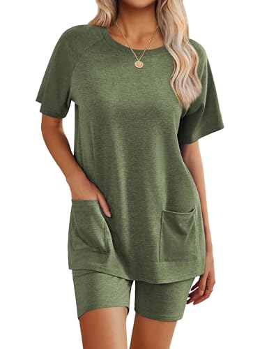 Image of Ekouaer Two Piece Sets for Women Summer Outfits 2026 Lounge Set Crew Neck Tshirts Biker Short Sweatsuit with Pocket