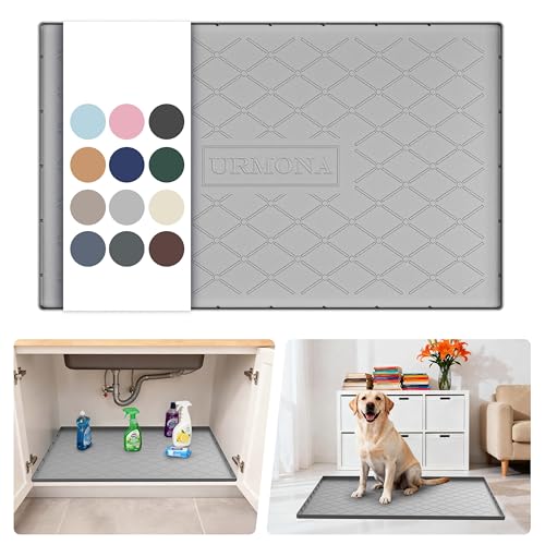 URMONA 34' x 22' Waterproof Silicone Mat in Multiple Sizes & Colors, Under Sink Mat for Kitchen & Bathroom, Pet Food Pad for Dogs & Cats, Kitchen Cabinet Liner, Multi-Purpose for Storage(Light Grey)