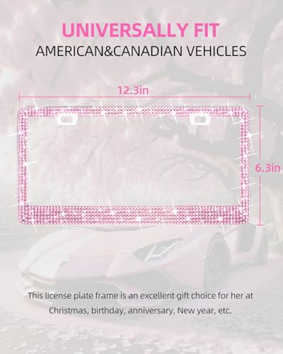 XCLPF Bling Pink License Plate Frames for Women,Handcrafted Clear Glass Diamond Rhinestone Crystals,1 PCS Sparkly Stainless Steel License Plate Framefor Girls,Glitter Diamond