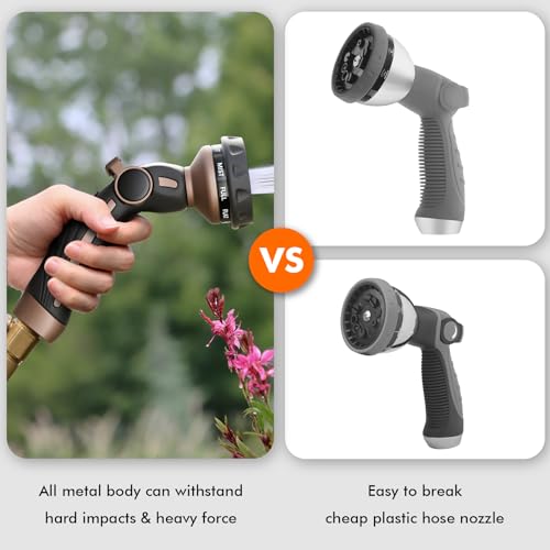 Image of RESTMO Hose Nozzle Heavy Duty, Metal Water Hose Sprayer for Garden | 9 Spray Patterns, High Pressure, Thumb Flow Control, On /Off Valve, Ideal for Outdoor Lawn & Plant, Car & Pet, Brown