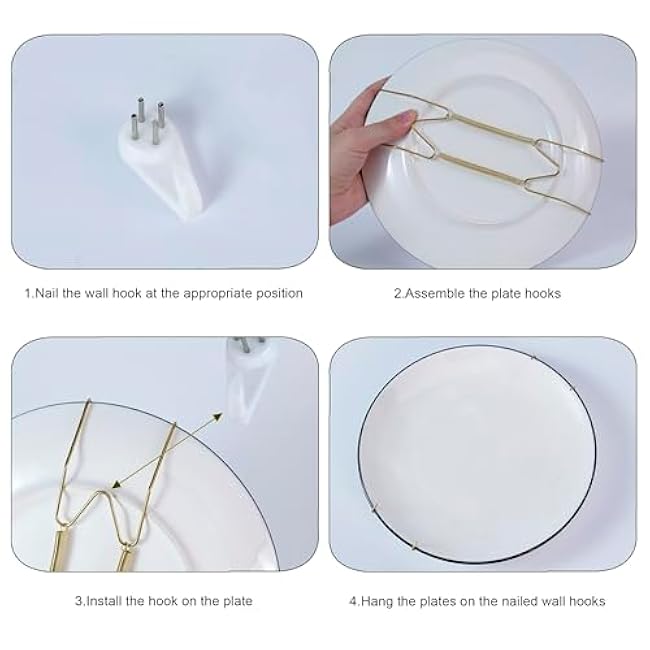 12 Pieces Invisible Vertical Plate Holders - 6 Pieces Plate Hangers for The Wall with 10 Pieces Wall Hooks for Displaying Plates, Platter, Dish (Gold, 6/8/10 Inch) ?