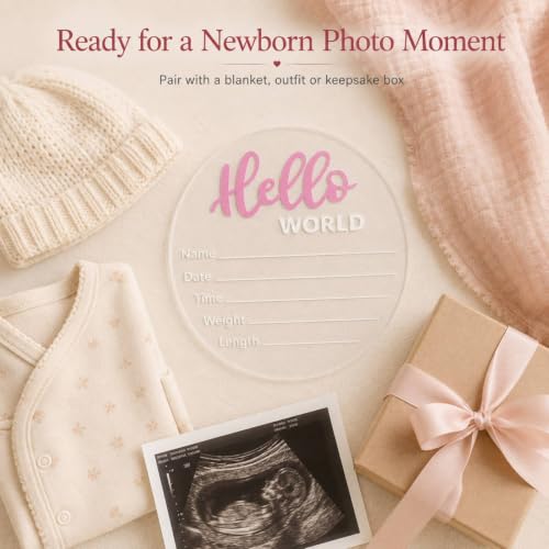Image of Baby Announcement Sign, 5.9 Inch inchHello World inch Newborn Sign for Birth Announcement, Baby Name & Welcome Baby Board, Acrylic Newborn Announcement Sign for Hospital (Pink)