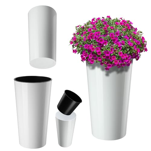 KADAX Pflanzkübel mit Innentopf Weiß Ø 30 cm, Höhe 57.5 cm – Moderner Pflanztopf mit Einsatz, Blumentopf aus robuster Kunststoff für Innen- und Außenbereich, ideal für Wohnzimmer, Balkon, Büro