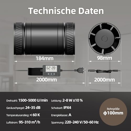 SBONNI Rohrlüfter 100mm mit Feuchtigkeitssensor Temperatursensor Timer Automatische Belüftung, 95-310m³/h 6 Stufen Rohrventilator, Inline Abluftventilator Fernbedienung, Gewächshaus Bad Keller P125