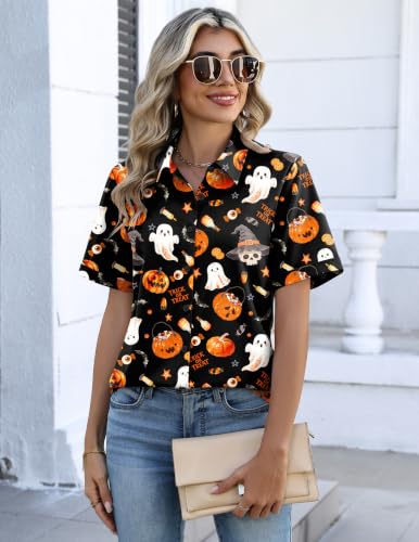 Image of Zeagoo Halloween Shirts Women Short Sleeve Fall Tops Button Down Blouses