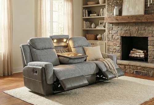 Generico Divano 3 Posti Reclinabile in Tessuto e Pelle con Consolle Pieghevole, Portabicchieri LED e Caricatore Wireless Integrato