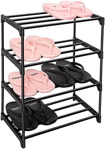 LNYZQUS Upgrade 4-Tier Small Shoe Rack, Metal Stackable Kids Shoe Shelf Storage Shoe Stand Organizer for Closet Entryway Hallway,Zapateras Organizer for Shoes(Black)