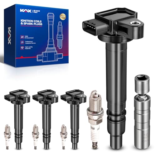 Image of KAX 4 Ignition Coils & 4 Spark Plugs Set for Tacoma 2000-2004 2.4L 2.7L | (w /Magnetic Swivel Spark Plug Socket) Fits Toyota 4Runner 2000 2.7L, Replaces UF323