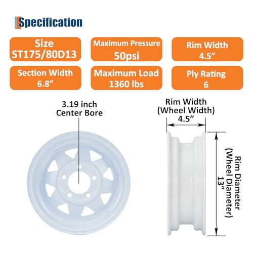 Image of GarveeTech ST175 /80D13 Trailer Tire and Wheel Assembly, 5 Lug, Set of 2 | Heavy-Duty Load Range C 6PR, White Spoke Wheel, 13 Inch Tires for Utility /Boat /Camper Trailers,
