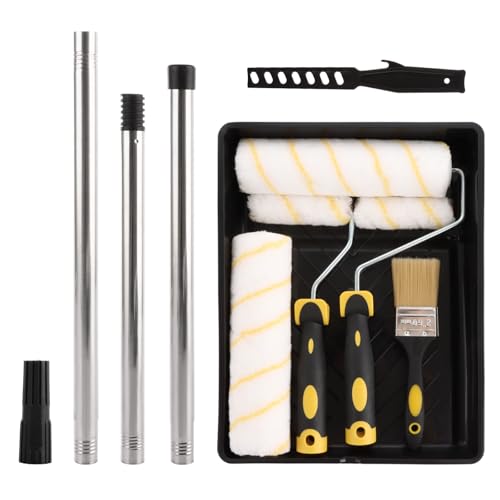 LDXDRU Roller Sets for Painting, 9 & 4 Inch Paint Roller Set, Includes Tray, Tape, Mixer, Brush, 3pcs Extension Pole & 4pcs Paint Cover Ceiling Paint Roller for Walls Edges DIY Paint Job