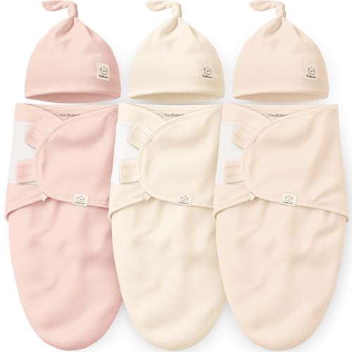 KeaBabies 3-Pack Organic Swaddles for Newborns Girls, Boys with Hats - Soft Cotton Baby Sleep Sacks 0-3 Months, Breathable Baby Hats and Swaddles 0-3 Months, Newborn Essentials Must Haves (Angelic)