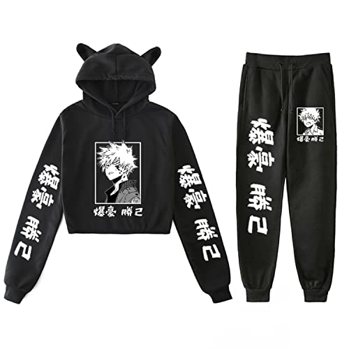 Anime Women Long Sleeve Hoodie Pant Set Pullover Sweatshirt Loose Casual Two Piece Hoodie Suit Cat Ear Tracksuit (Black A,Xl,X-Large) #TOP5