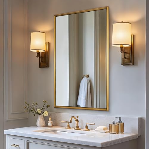 ANDY STAR Beveled Framed Bathroom Mirror, 24x32 Inch Gold Vanity Mirror, Brushed Brass Rectangle Mirror with Square Corners, Unique Beveled Frame Design, Rust-Proof Stainless Steel Frame