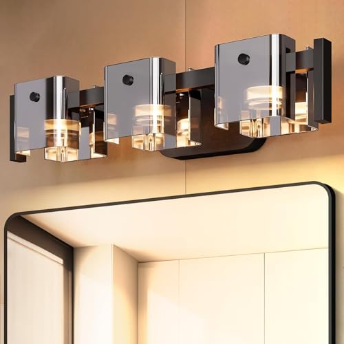 Image of 20.8 inch Modern Black Bathroom Vanity Light 3 Light Bathroom Light fixtures Cordless LED Vanity Light, 3000K /4000K /6000K Adjustable Wall Light with Smoke Gray Glass for Restroom,Bedroom,Kitchen