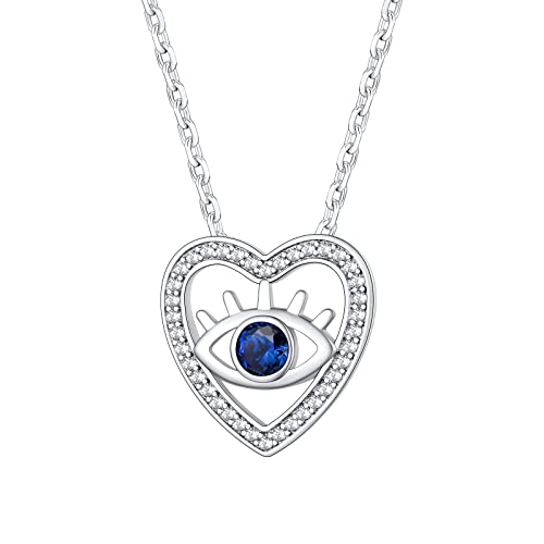 Image of Sterling Silver Heart Necklace, Sparkly Cubic Zirconia Evil Eyes Pendant Solid Silver Rolo Chain 16"+5"inches, Silver Necklaces for Mum Sisters