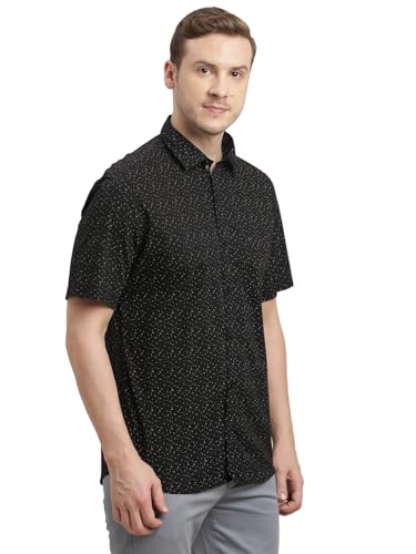 Image of Turtle Men 100% Cotton Slim Fit Black Printed Half Sleeve Casual Shirt
