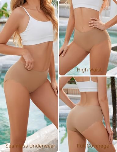 Caterlove Women's High Waisted Seamless Underwear No Show Wave Edge Bikini Panties Full Coverage Hipster 6 Pack4