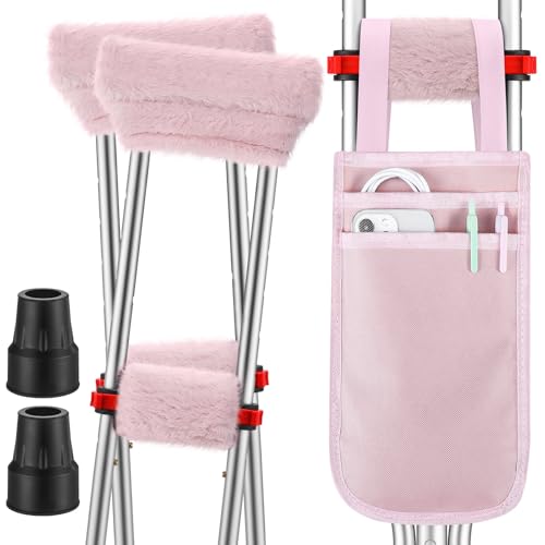 Threlaco 7 Pcs Fluffy Crutches Padding Universal Crutch Pads for Armpits and Hand Cushion Soft Fluffy Covers Accessories Crutch Covers Machine Washable Crutches Cushions Comfort for Adults(Pink)
