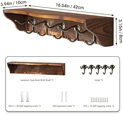 Lavievert Coat Hooks Wall Mounted, Hanging Entryway Shelf Farmhouse Mounted Coat Rack with Display Shelf and 5 Vintage Metal Hooks for Hallway, Kitchen, Living Room, Bathroom - Rustic Brown
