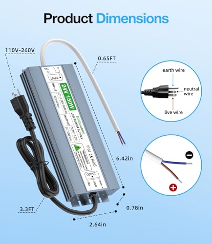 Image of 150W LED Driver IP67 Waterproof, Ultrathin Low-Voltage Transformer AC110-260V to DC24V Outdoor Power Supply Adapter for LED Strip, Computer Projects and Any 24V DC Lights