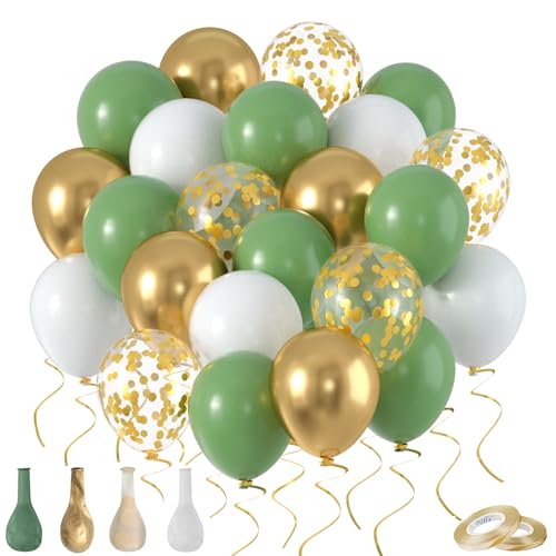 Grünsonne - Grüne Eukalyptus Luftballons 50 Stück 12 Zoll (30cm) - Retro Olive Salbei Grün, Gold, Weiß. Helium Ballons Set für Geburtstag, Hochzeit, Baby Shower, Jubiläum Party Deko