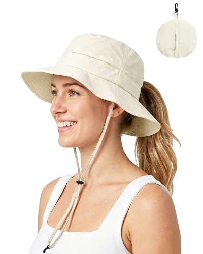 Womens Ponytail Sun Hat Packable UPF50+ Waterproof Bucket Hat Hiking Fishing Safari Hat Foldable Beach Hat Begie